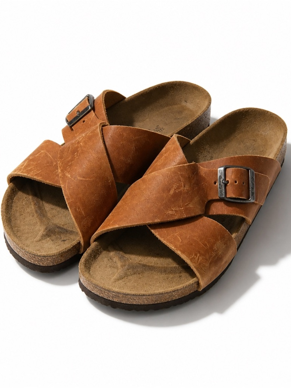 Birkenstock Brown Leather Cross-Strap Slide Sandals